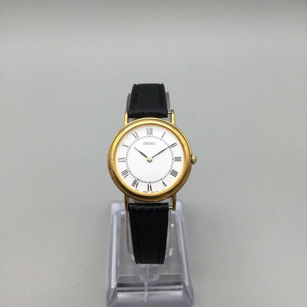 Seiko Watch Womens 26mm Gold Tone 1N00-0D59 Black Leather Band New Battery - Picture 2 of 15